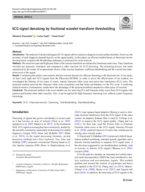 (PDF) ECG signal denoising by fractional wavelet transform thresholding