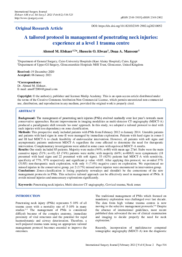 (PDF) A tailored protocol in management of penetrating neck injuries ...