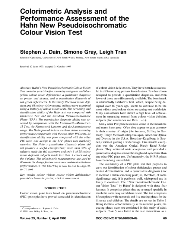 (PDF) Colorimetric analysis and performance assessment of the Hahn New ...