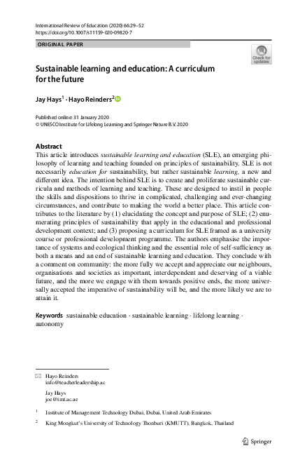 (PDF) Sustainable learning and education: A curriculum for the future