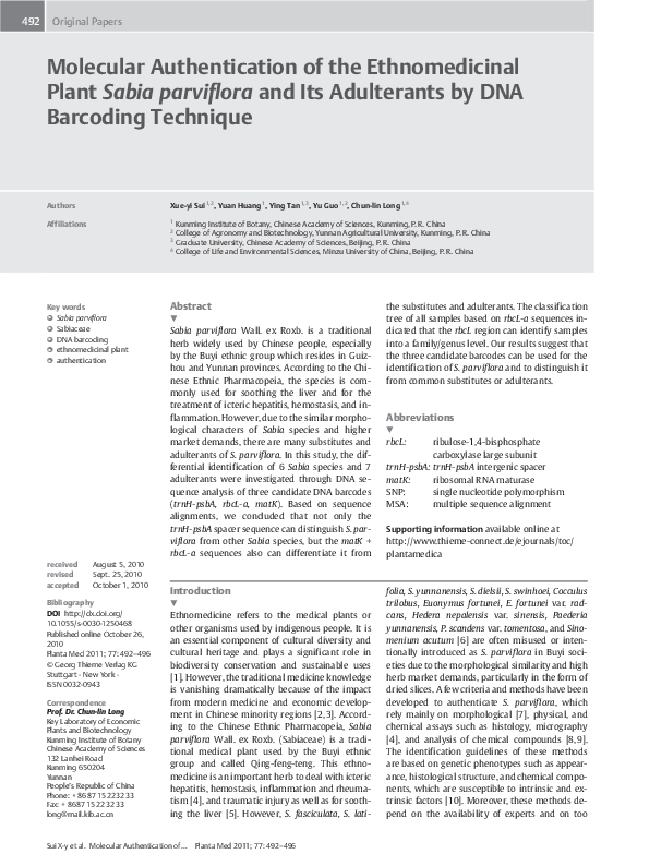 (PDF) Molecular Authentication of the Ethnomedicinal Plant Sabia ...