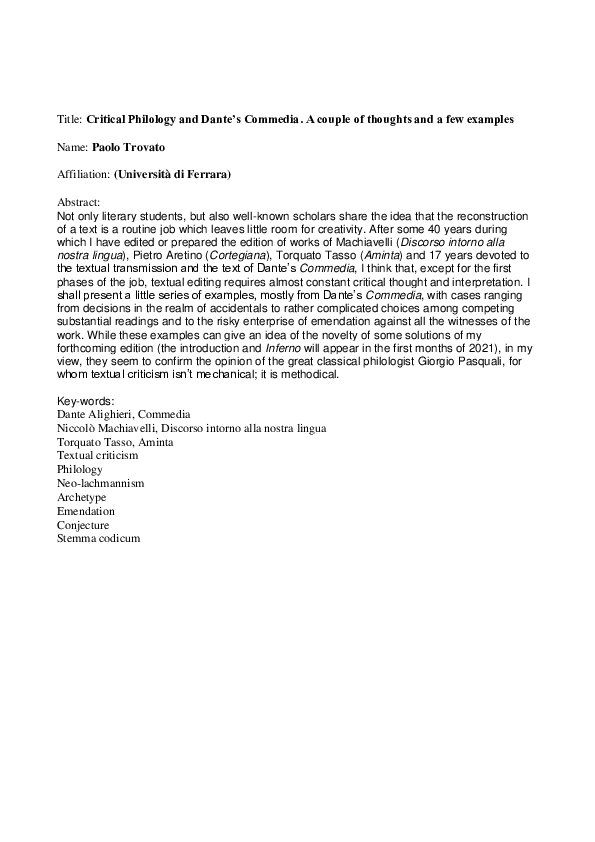 (PDF) Critical Philology and Dante's Commedia. A couple of thoughts ...