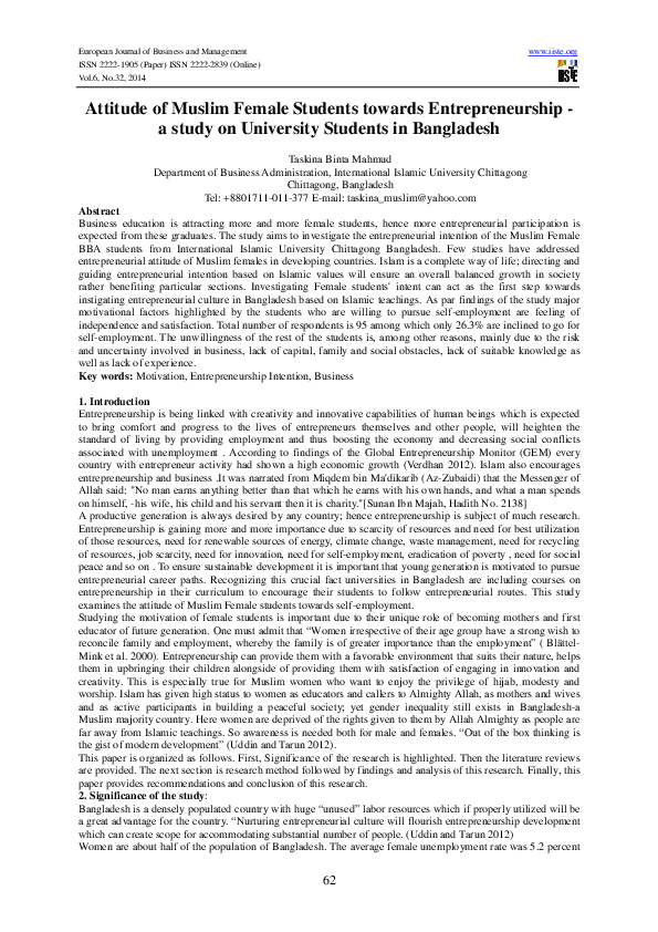 (PDF) Attitude of Muslim Female Students towards Entrepreneurship - a ...
