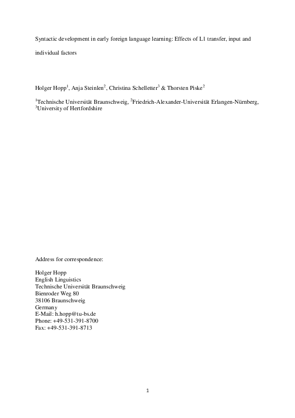 (PDF) Syntactic development in early foreign language learning: Effects ...