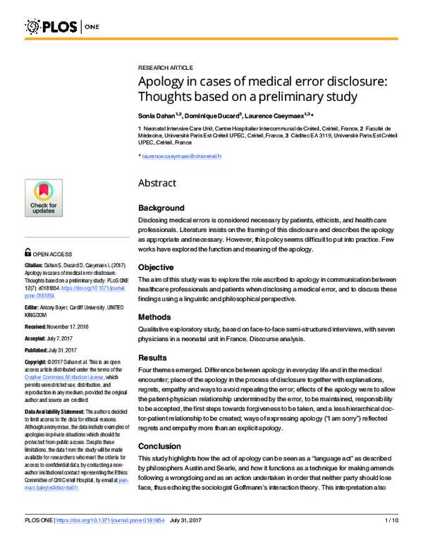 Pdf Apology In Cases Of Medical Error Disclosure Thoughts Based On A Preliminary Study Dominique Ducard Academia Edu