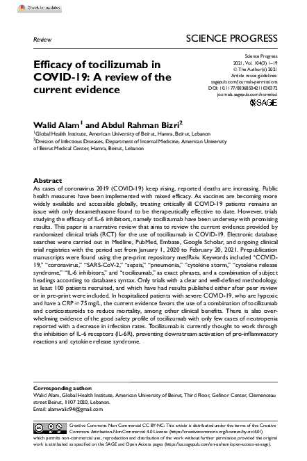 (PDF) Efficacy of tocilizumab in COVID-19: A review of the current evidence