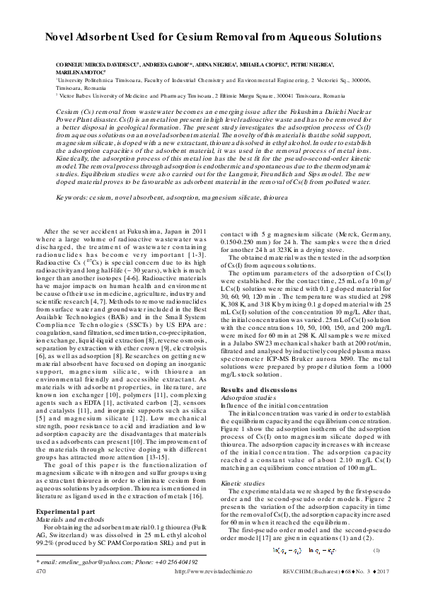 (PDF) Novel Adsorbent Used for Cesium Removal from Aqueous Solutions