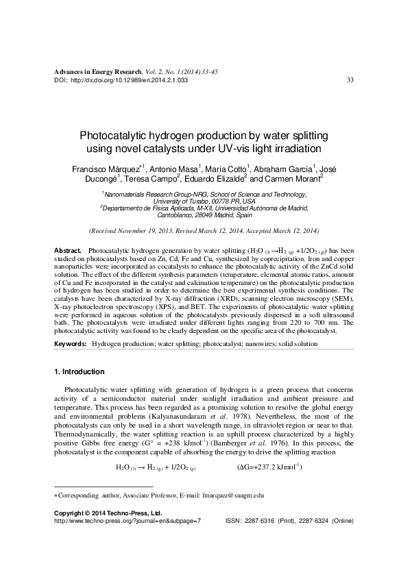 (PDF) Photocatalytic hydrogen production by water splitting using novel ...