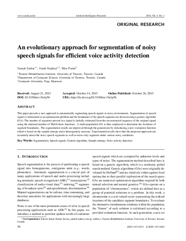 (PDF) An evolutionary approach for segmentation of noisy speech signals ...