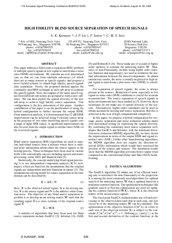 (PDF) High Fidelity Blind Source Separation of Speech Signals