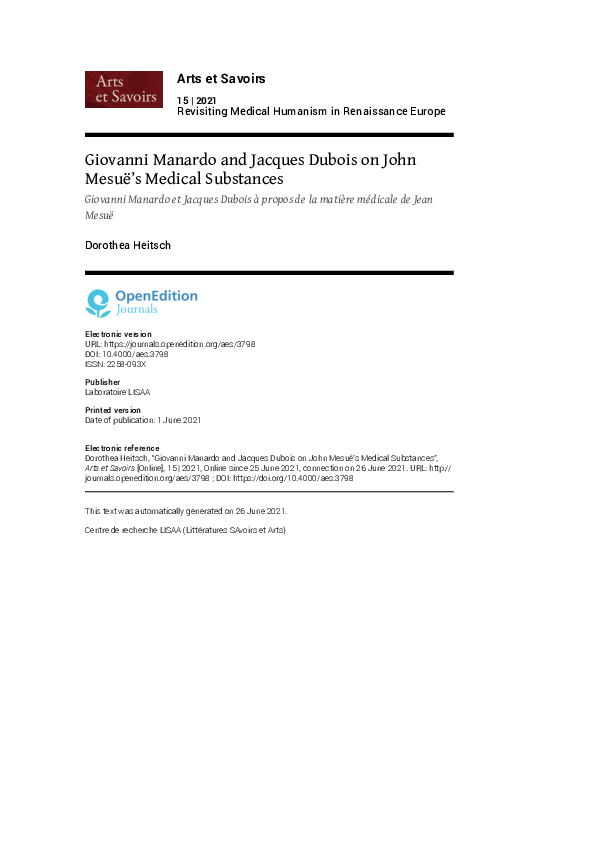 Giovanni Manardo and Jacques Dubois on John Mesuë's Medical Substances