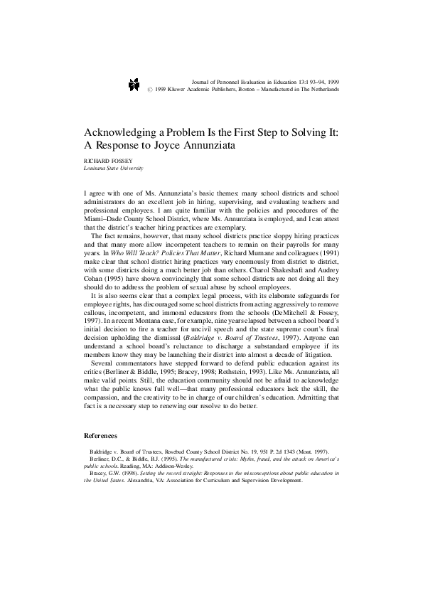 (PDF) Acknowledging a Problem Is the First Step to Solving It: A ...