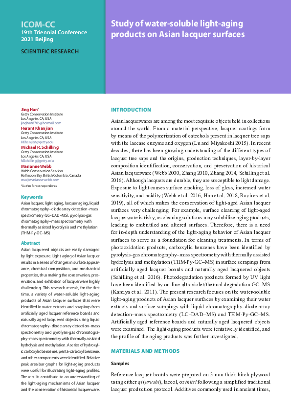 (PDF) Study of water-soluble light-aging products on Asian lacquer surfaces