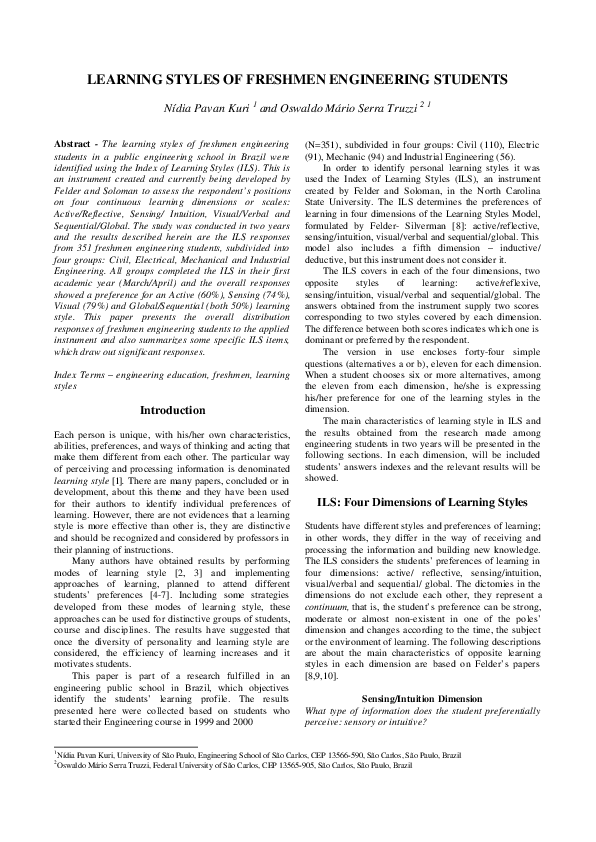 (PDF) Learning styles of freshmen engineering students