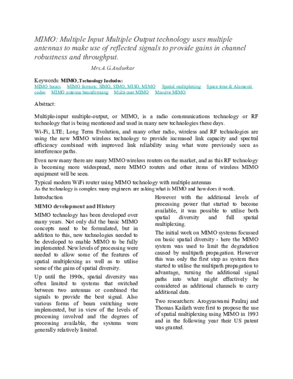 (DOC) MIMO: Multiple Input Multiple Output technology uses multiple ...