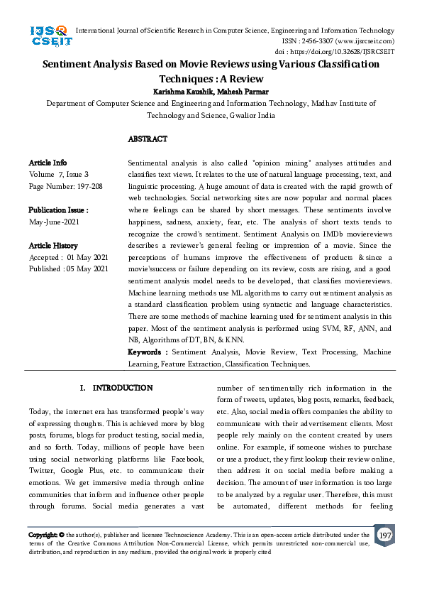 (PDF) Sentiment Analysis Based on Movie Reviews using Various ...