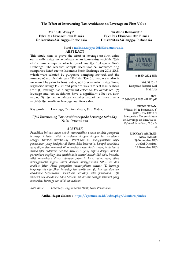 (PDF) The Effect of Intervening Tax Avoidance on Leverage on Firm Value