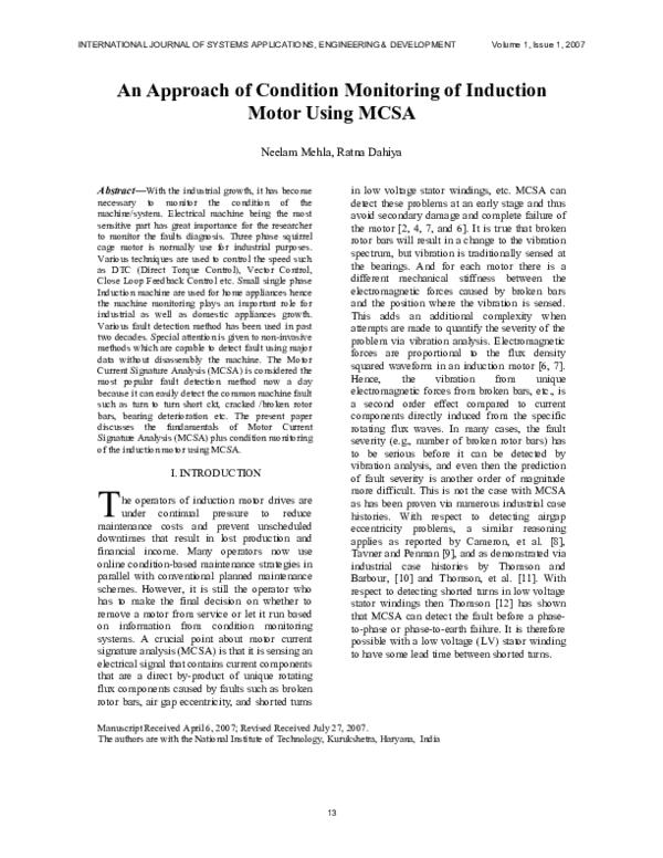 (PDF) An Approach of Condition Monitoring of Induction Motor Using MCSA