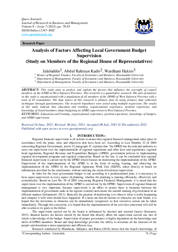 (PDF) Analysis of Factors Affecting Local Government Budget Supervision ...