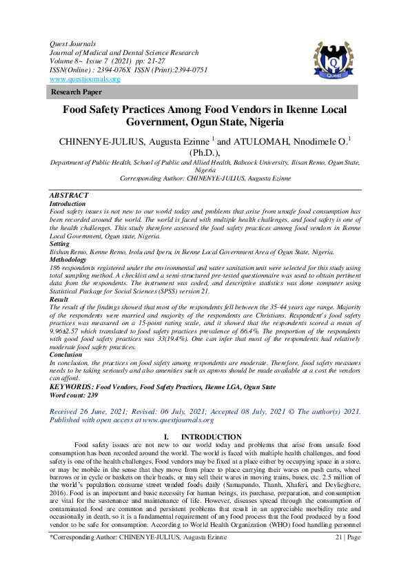 (PDF) Food Safety Practices Among Food Vendors in Ikenne Local