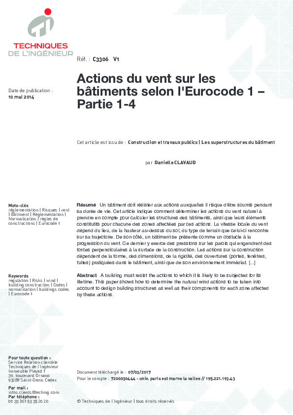 (PDF) Actions du vent sur les bâtiments selon l'Eurocode 1 Partie 14