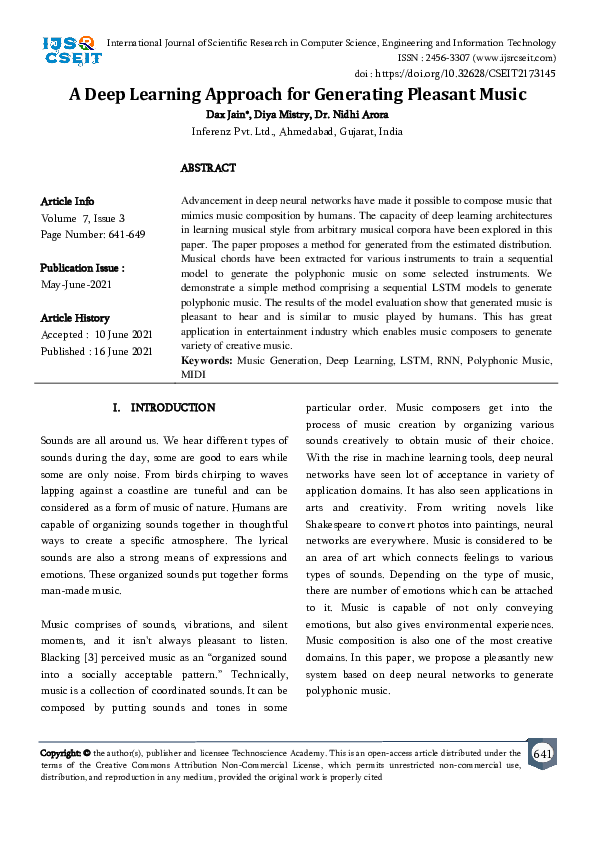 (PDF) A Deep Learning Approach for Generating Pleasant Music