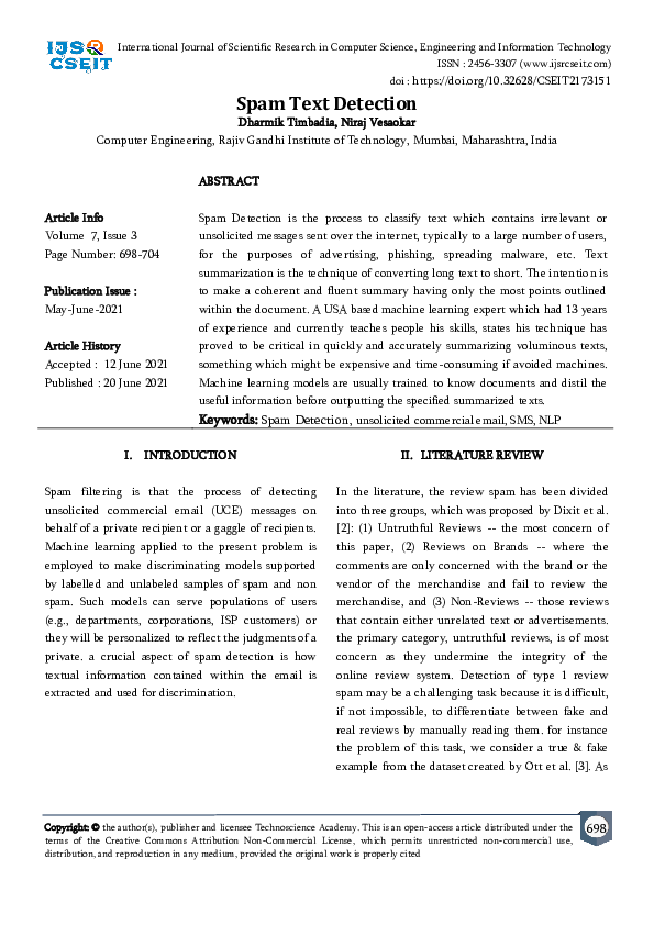 (PDF) Spam Text Detection