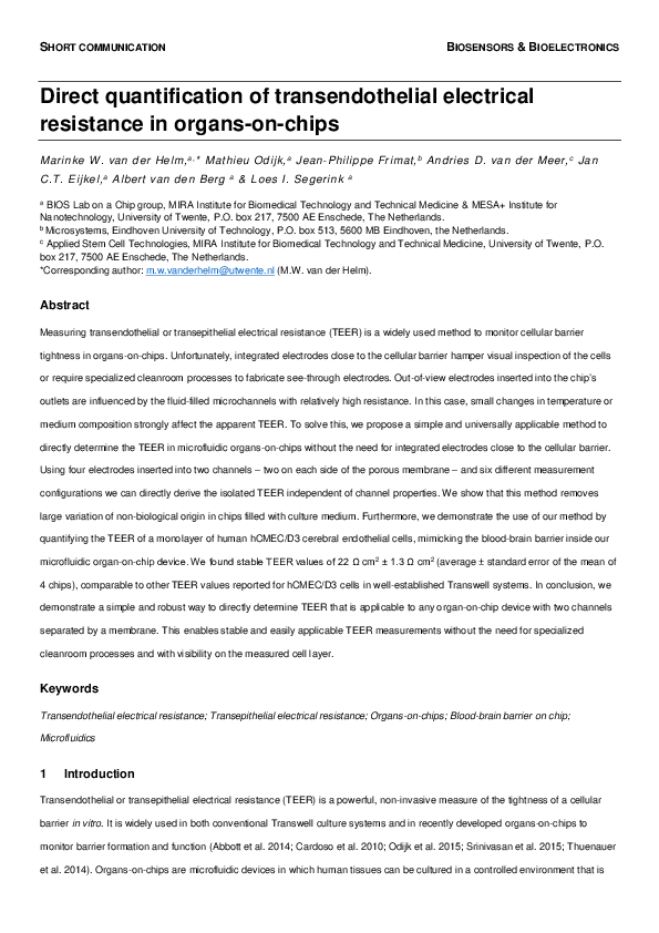 (PDF) Direct quantification of transendothelial electrical resistance