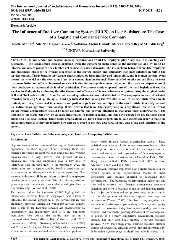 (PDF) The Influence of End User Computing System (EUCS) on User Satisfaction The Case of a