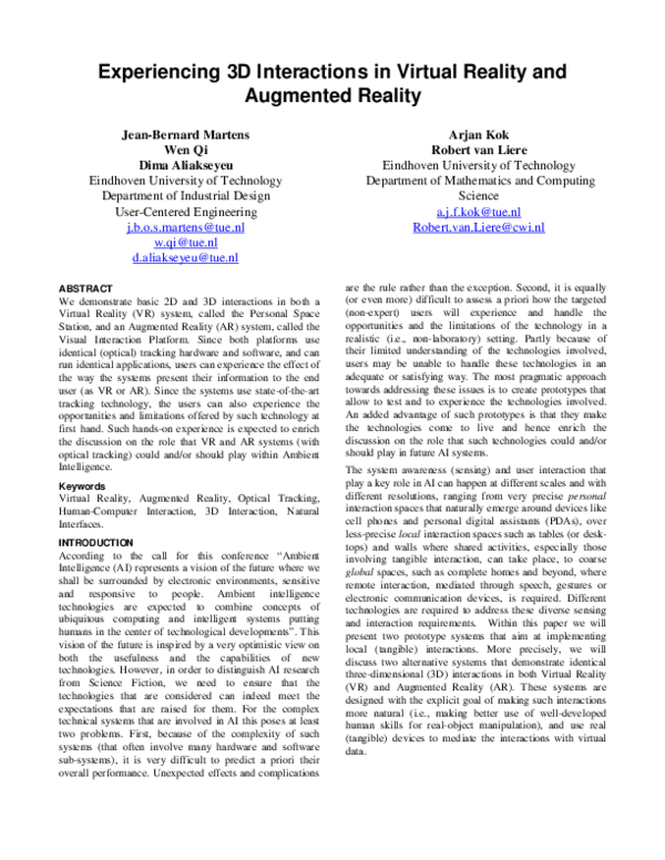 (PDF) Experiencing 3D interactions in virtual reality and augmented reality