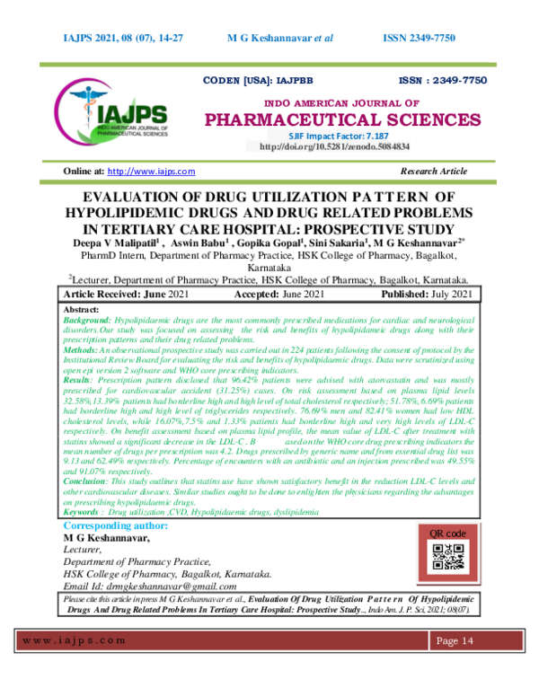 (PDF) EVALUATION OF DRUG UTILIZATION P AT T E RN OF HYPOLIPIDEMIC DRUGS ...