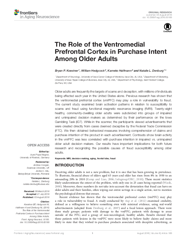 (PDF) The Role of the Ventromedial Prefrontal Cortex in Purchase Intent ...
