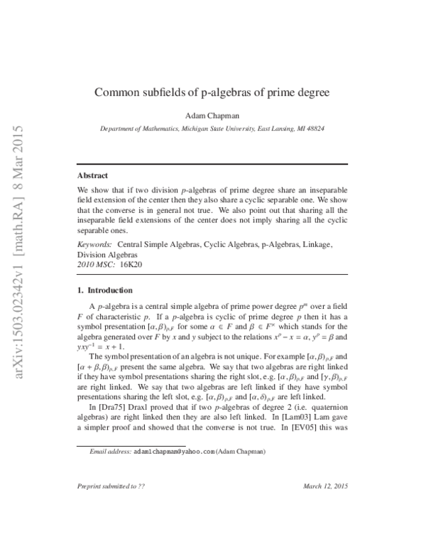 (PDF) Common subfields of p-algebras of prime degree