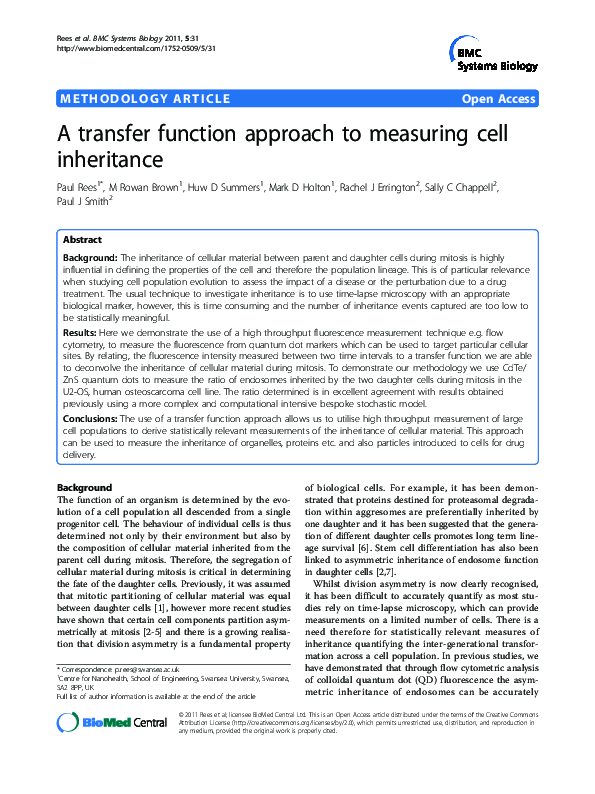 (PDF) A transfer function approach to measuring cell inheritance