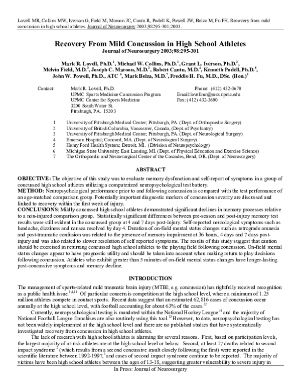 (PDF) Recovery From Mild Concussion In High School Athletes