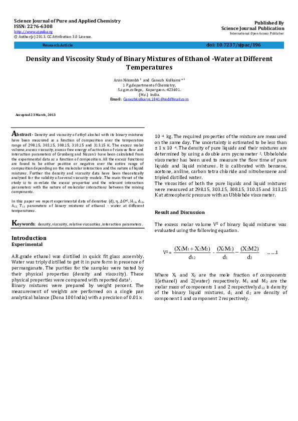 (PDF) Density and Viscosity Study of Binary Mixtures of Ethanol -Water ...