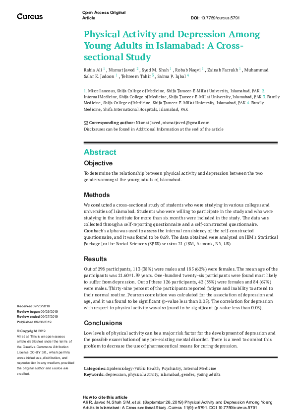 (PDF) Physical Activity and Depression Among Young Adults in Islamabad ...