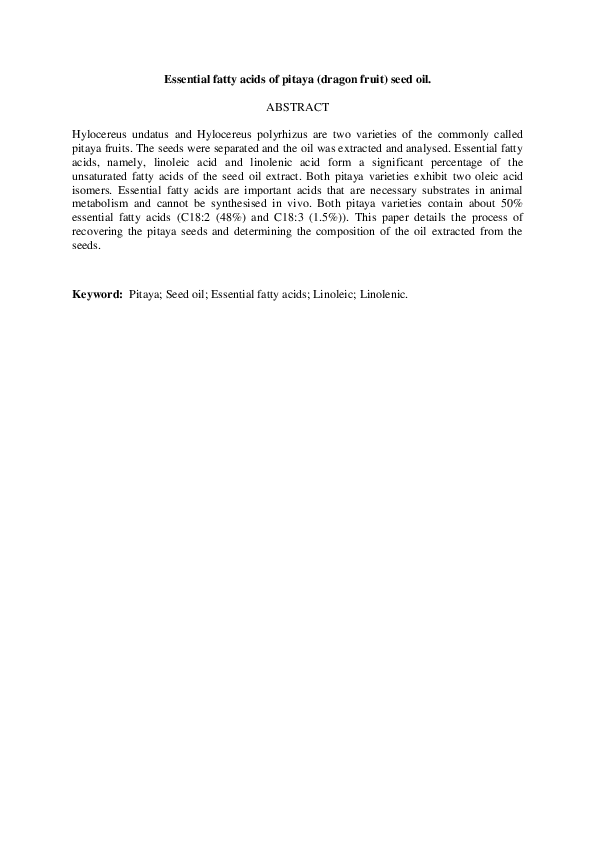 (PDF) Essential fatty acids of pitaya (dragon fruit) seed oil