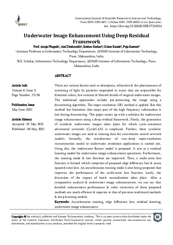 (PDF) Underwater Image Enhancement Using Deep Residual Framework