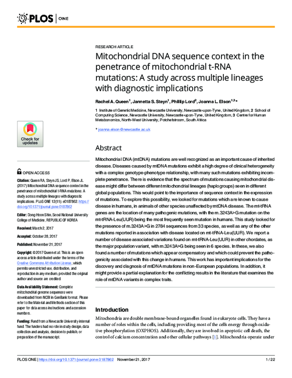 (PDF) Mitochondrial DNA sequence context in the penetrance of ...