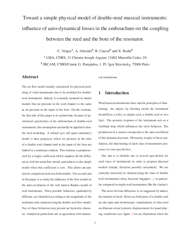 (PDF) Toward a simple physical model of doublereed musical instruments influence of aero