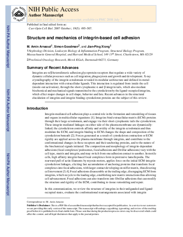 (PDF) Structure and mechanics of integrin-based cell adhesion