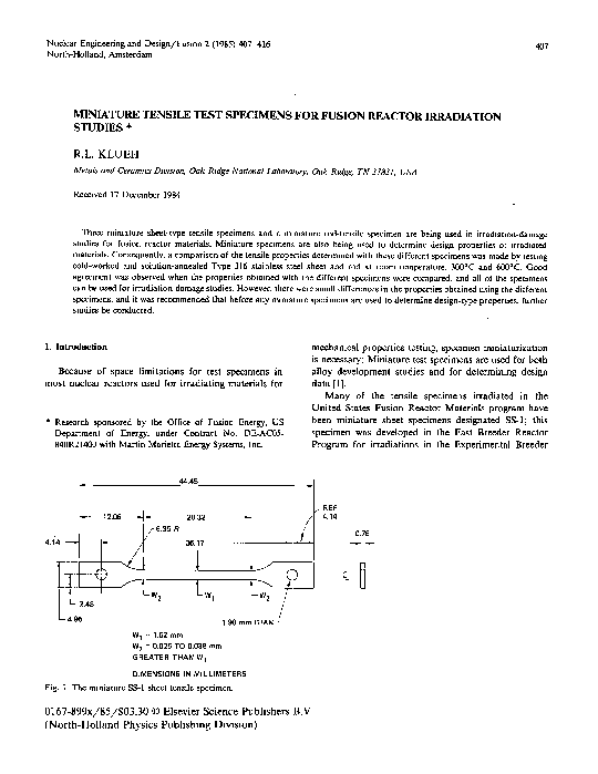 (PDF) Miniature tensile test specimens for fusion reactor irradiation ...