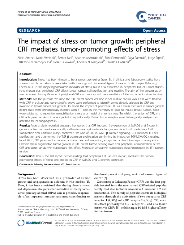 (PDF) The impact of stress on tumor growth: peripheral CRF mediates ...