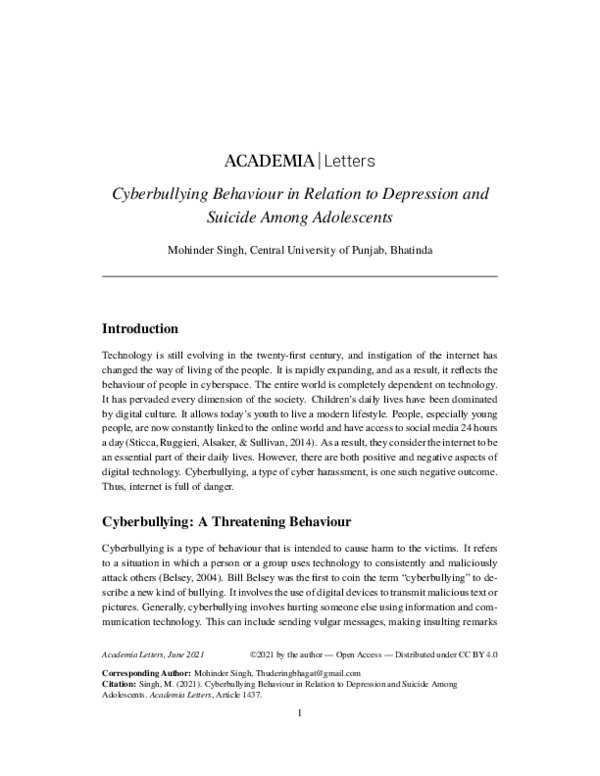 (PDF) Cyberbullying Behaviour in Relation to Depression and Suicide ...