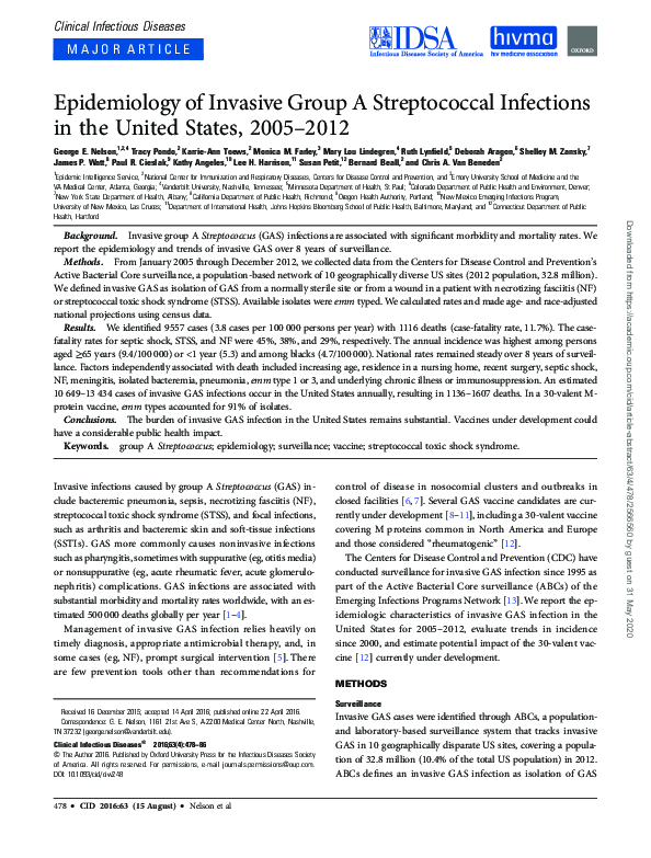 (PDF) Epidemiology of Invasive Group A Streptococcal Infections in the