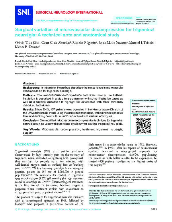 (PDF) Surgical variation of microvascular decompression for trigeminal ...