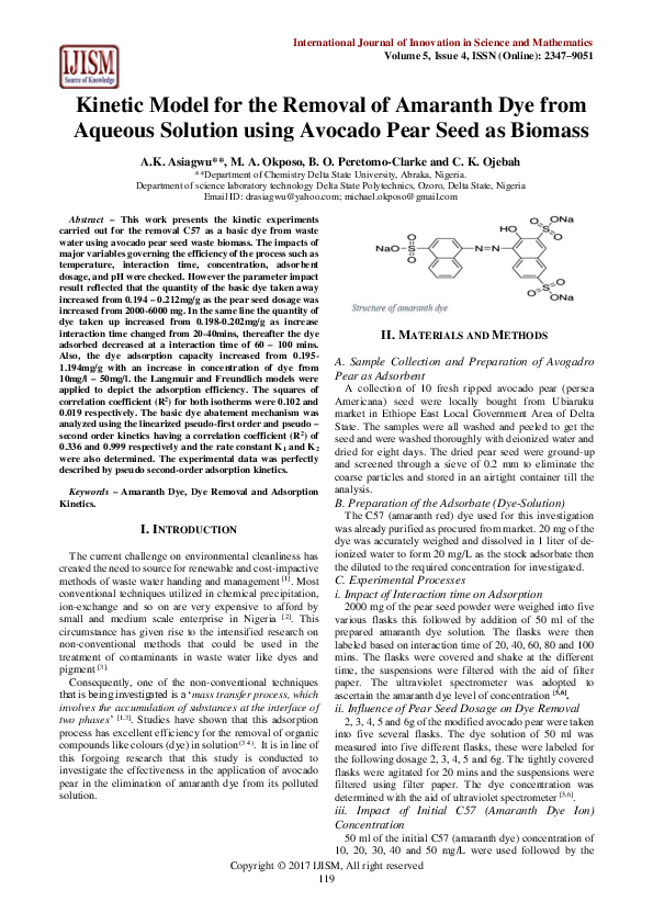 (PDF) Kinetic Model for the Removal of Amaranth Dye from Aqueous ...