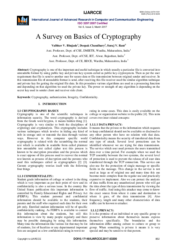 (PDF) A Survey on Basics of Cryptography