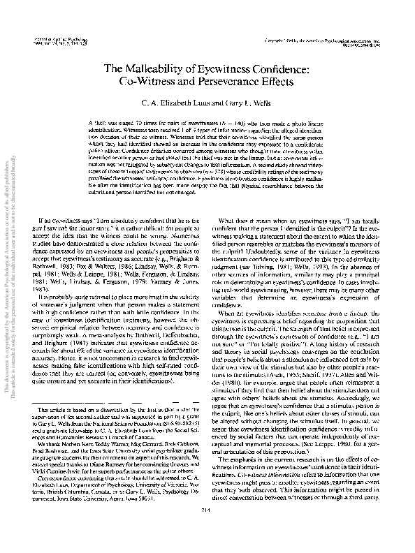 (PDF) The malleability of eyewitness confidence: Co-witness and ...